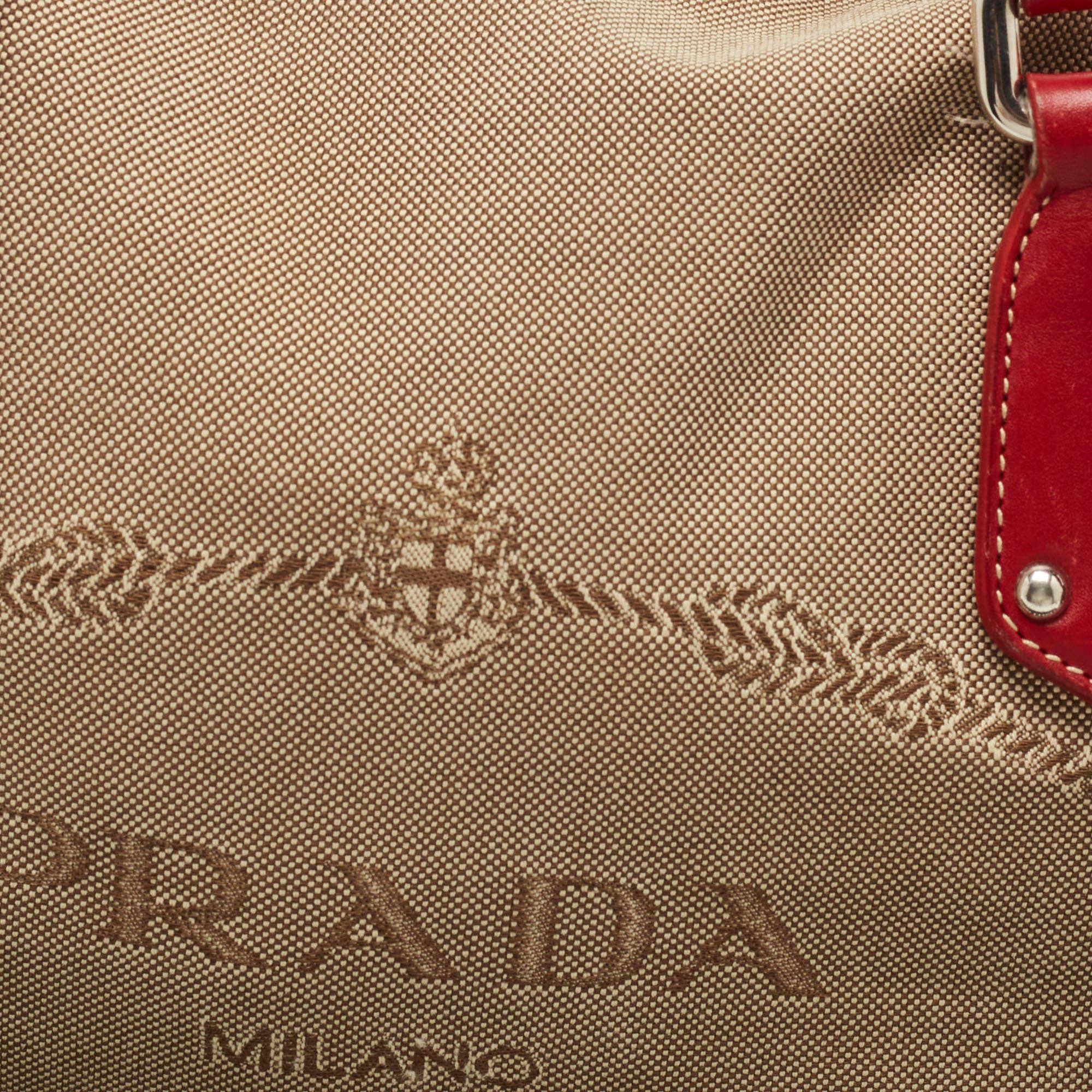Prada Beige/Red Logo Jacquard and Leather Bauletto Bag 5