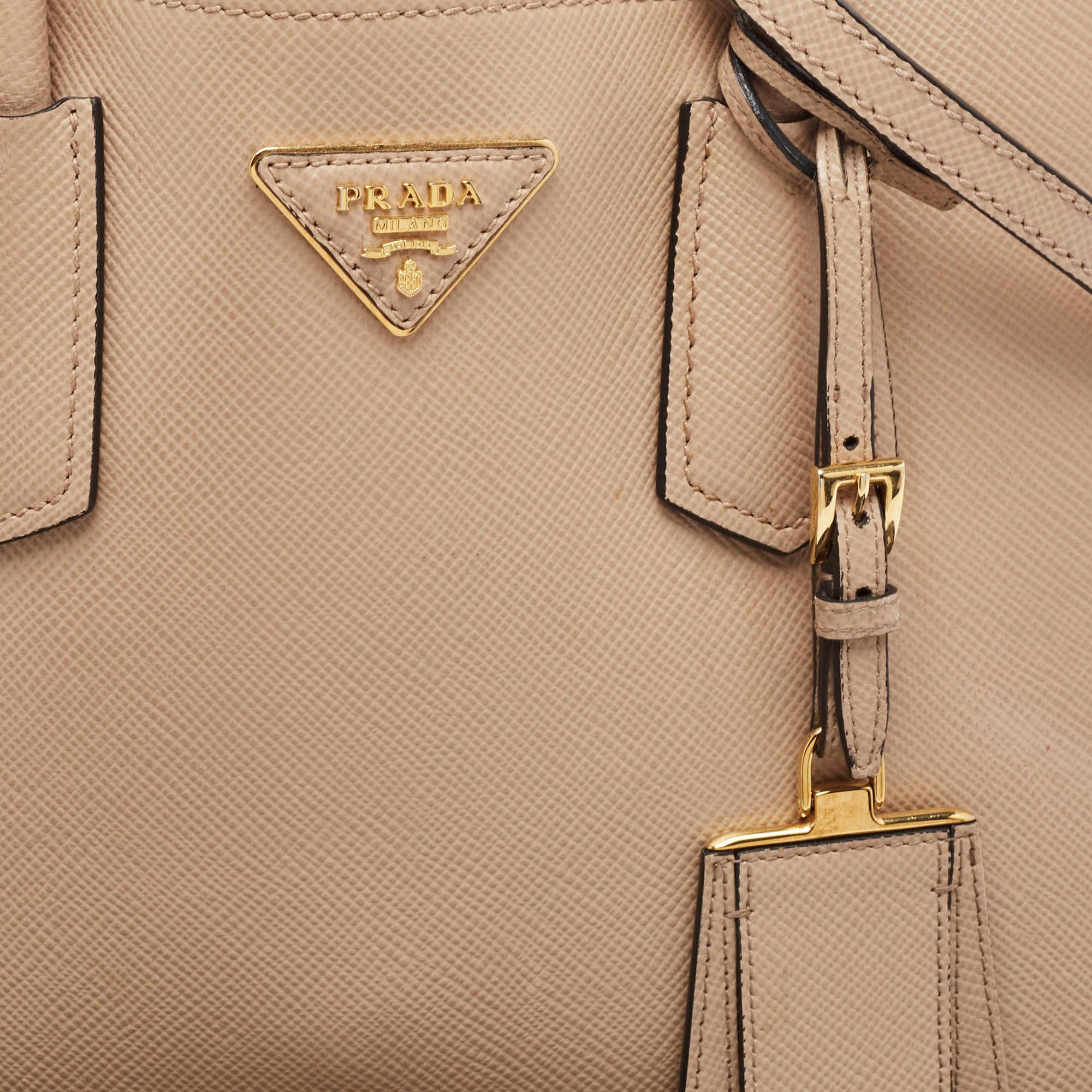 Prada Beige Saffiano Cuir Leather Double Handle Tote 1