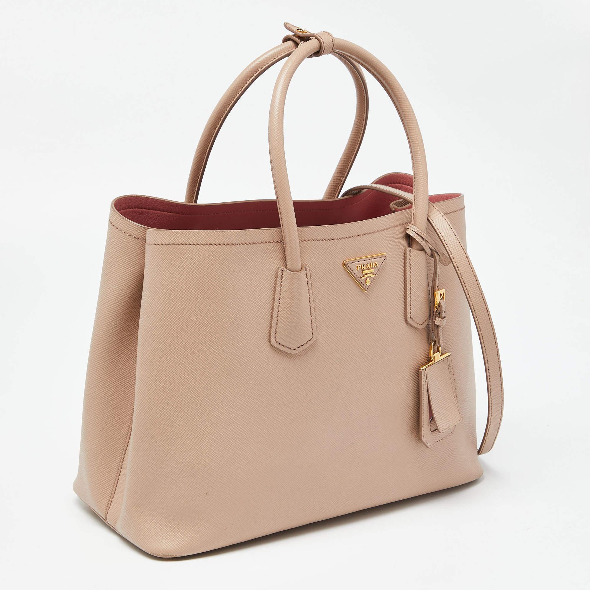 Women's Prada Beige Saffiano Cuir Leather Large Double Handle Tote