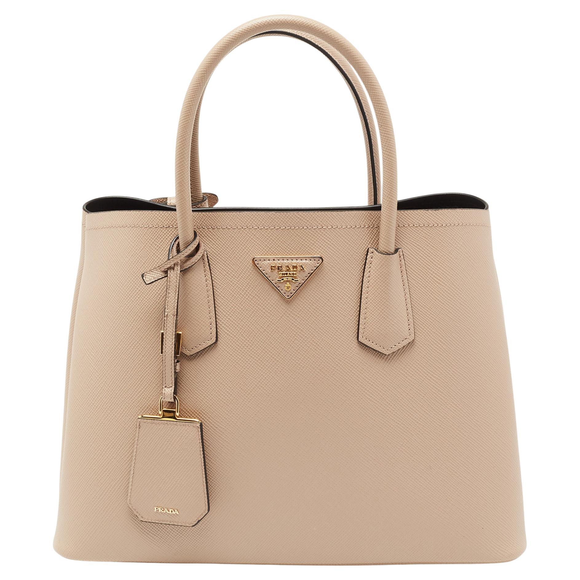 Prada Beige Saffiano Cuir Leather Medium Double Handle Tote For Sale at  1stDibs