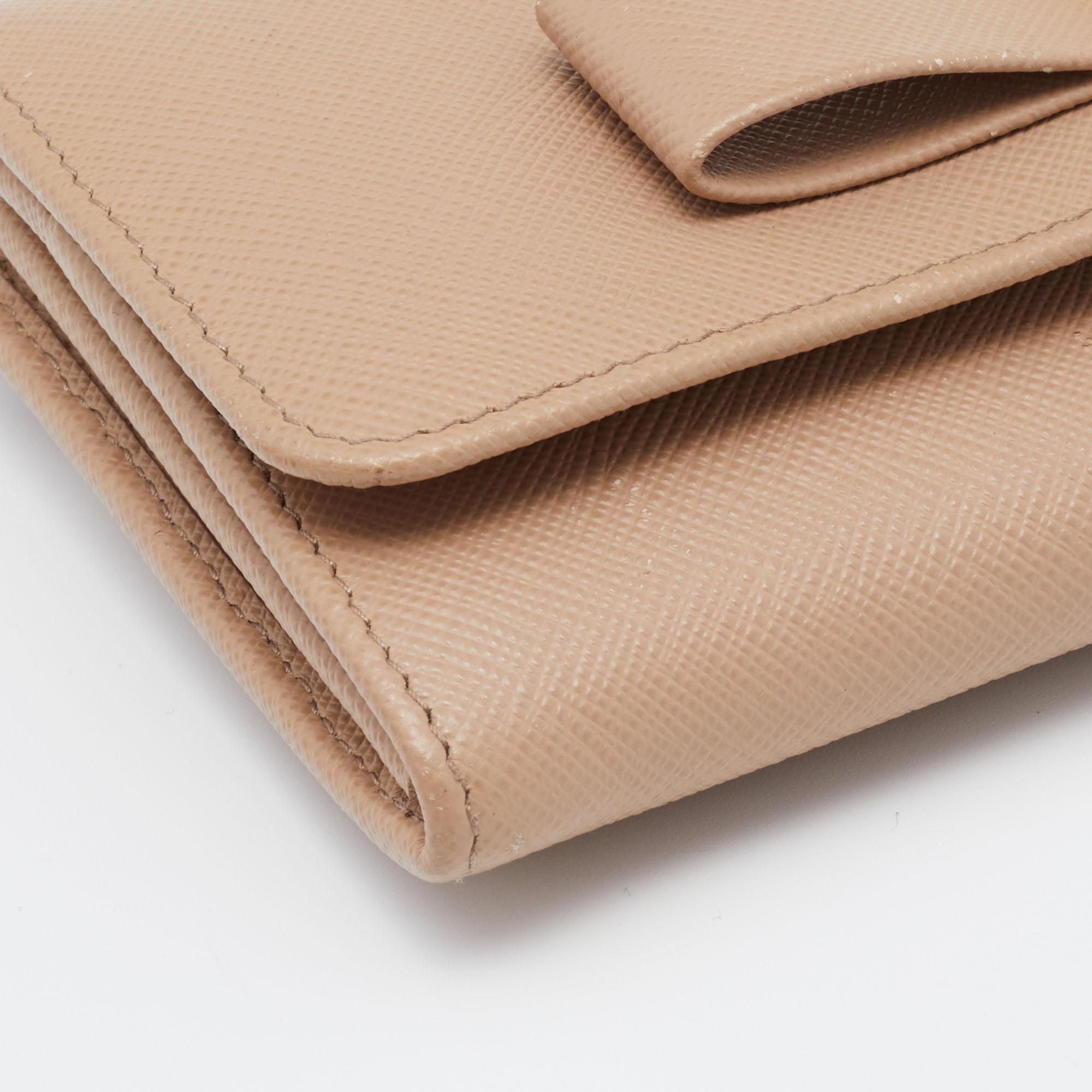 Women's Prada Beige Saffiano Leather Bow Continental Wallet