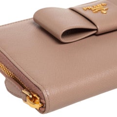 Prada Beige Saffiano Leather Bow Zip Around Wallet