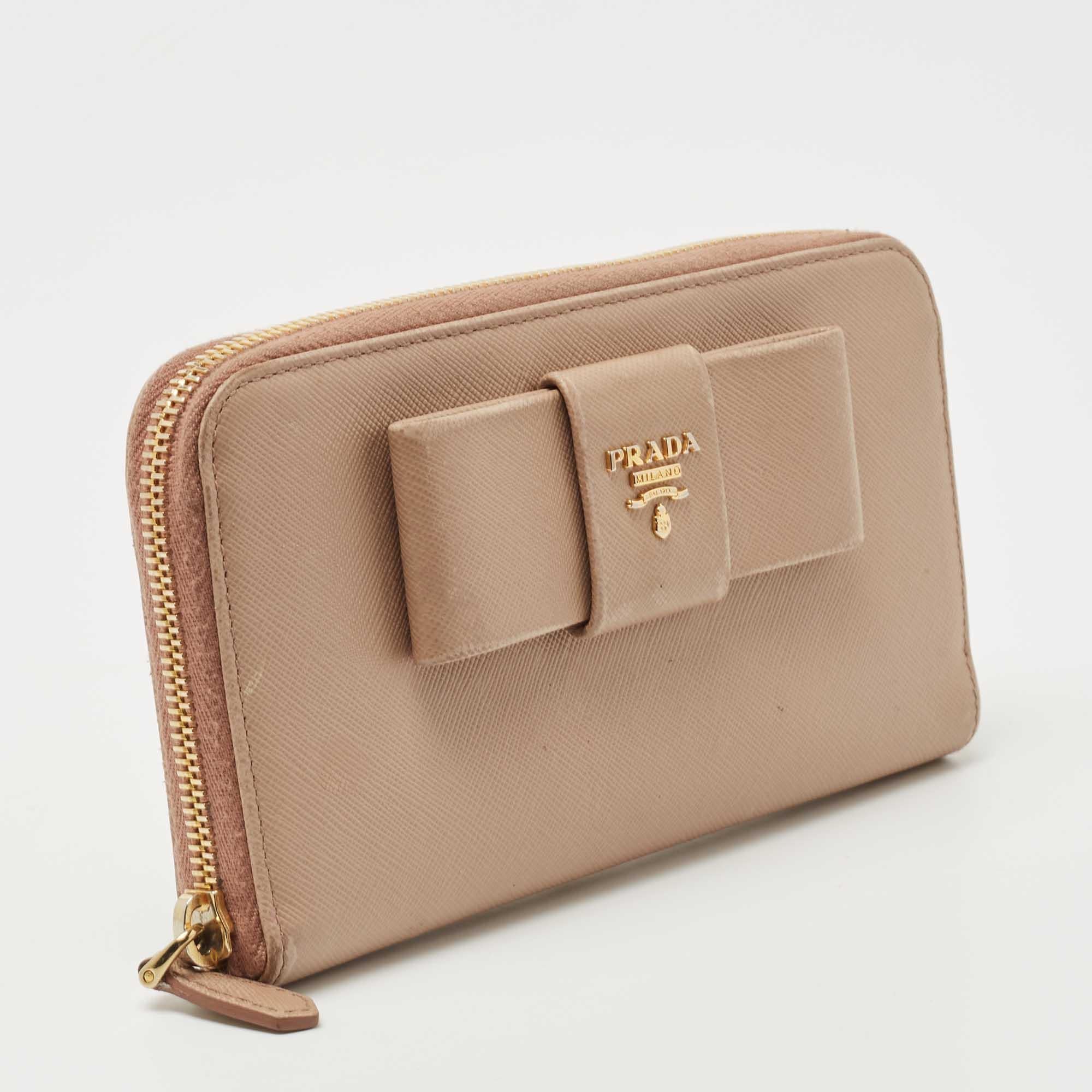 Women's Prada Beige Saffiano Leather Bow Zip Around Wallet