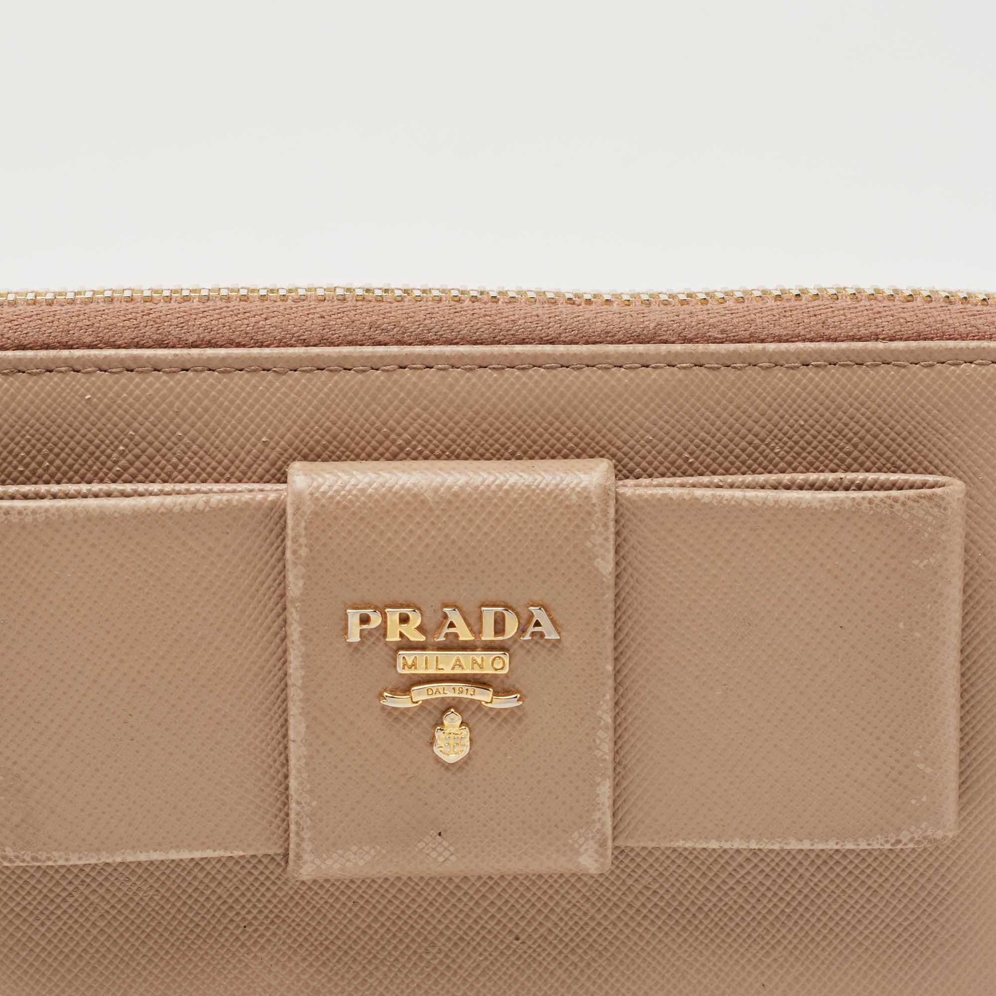 Prada Beige Saffiano Leather Bow Zip Around Wallet 2