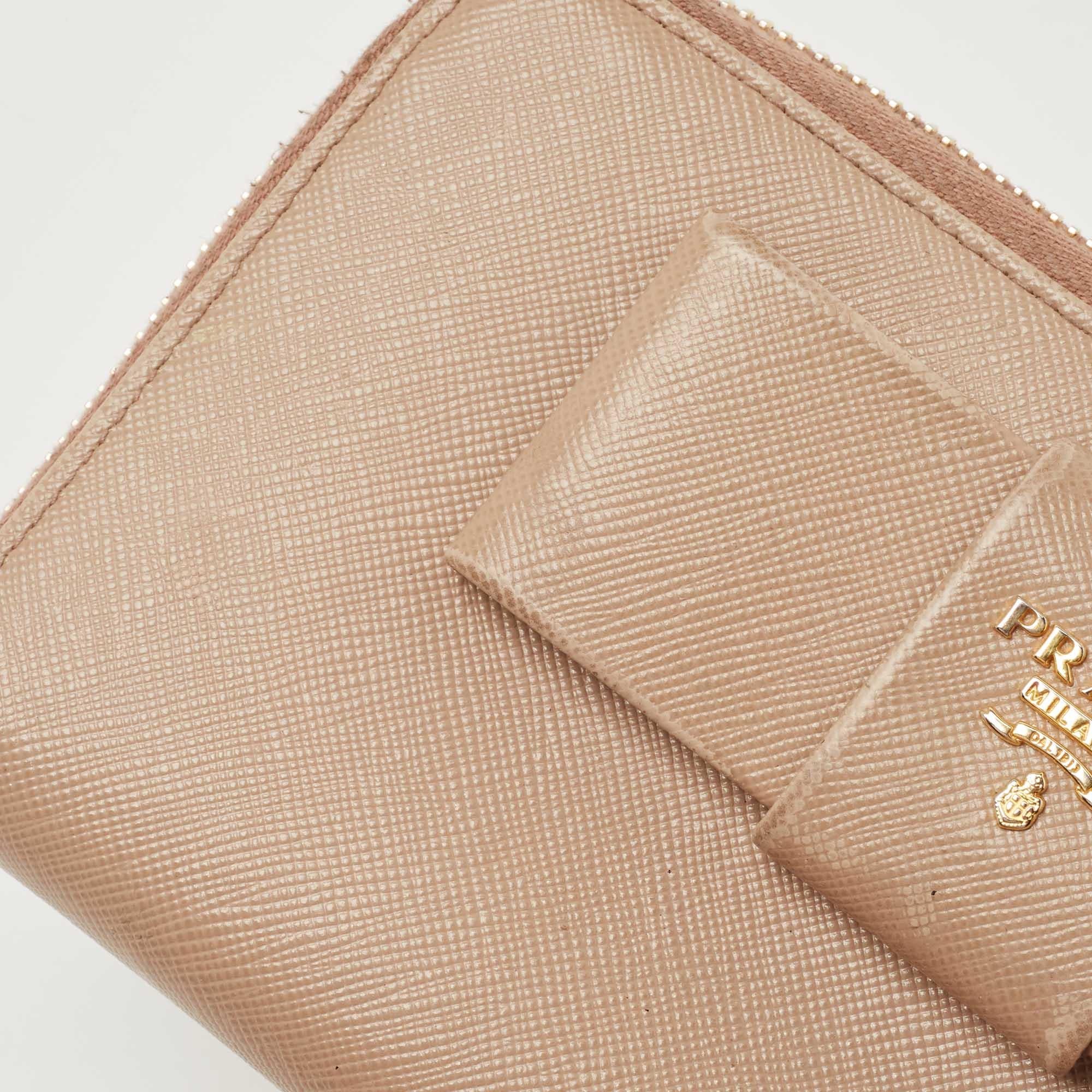Prada Beige Saffiano Leather Bow Zip Around Wallet 3