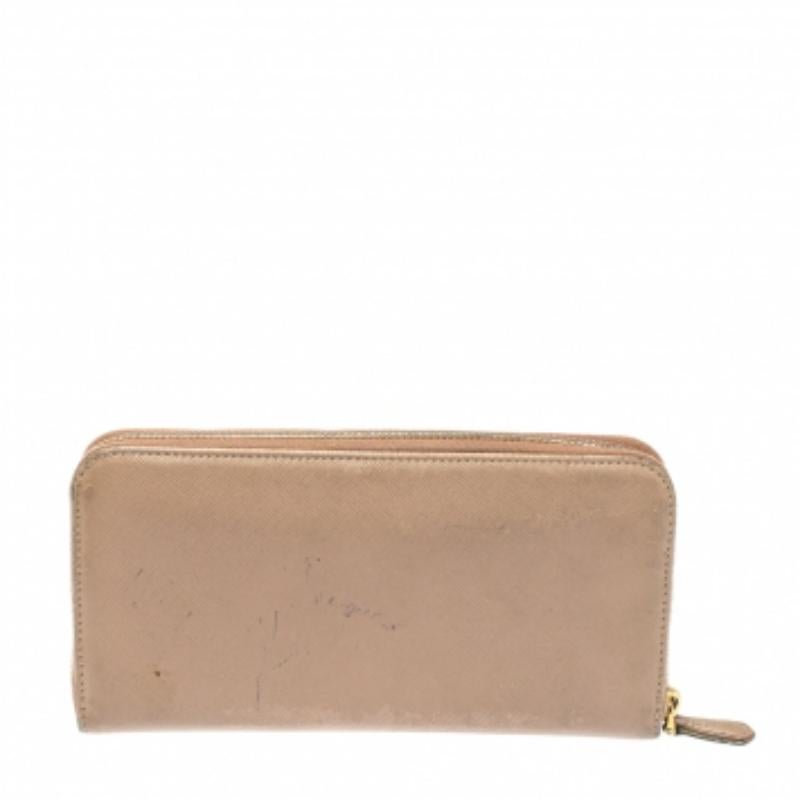 Prada Beige Saffiano Leather Bow Zip Around Wallet For Sale 4