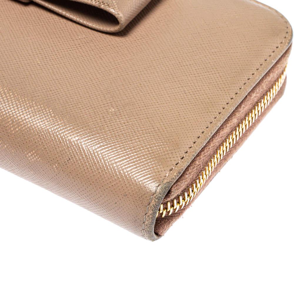 Prada Beige Saffiano Leather Bow Zip Around Wallet 5