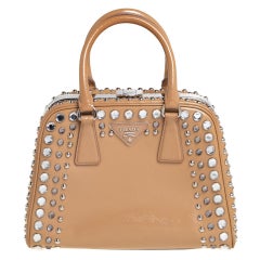 Prada Beige Saffiano Leather Crystal Embellished Pyramid Frame Satchel