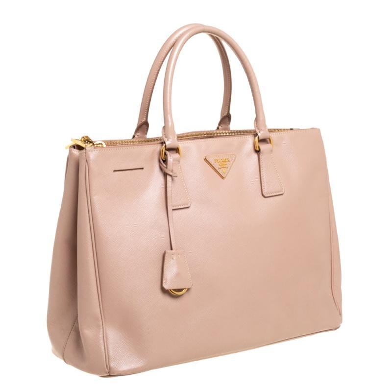 Prada Beige Saffiano Leder Medium Galleria Tragetasche mit doppeltem Reißverschluss Damen