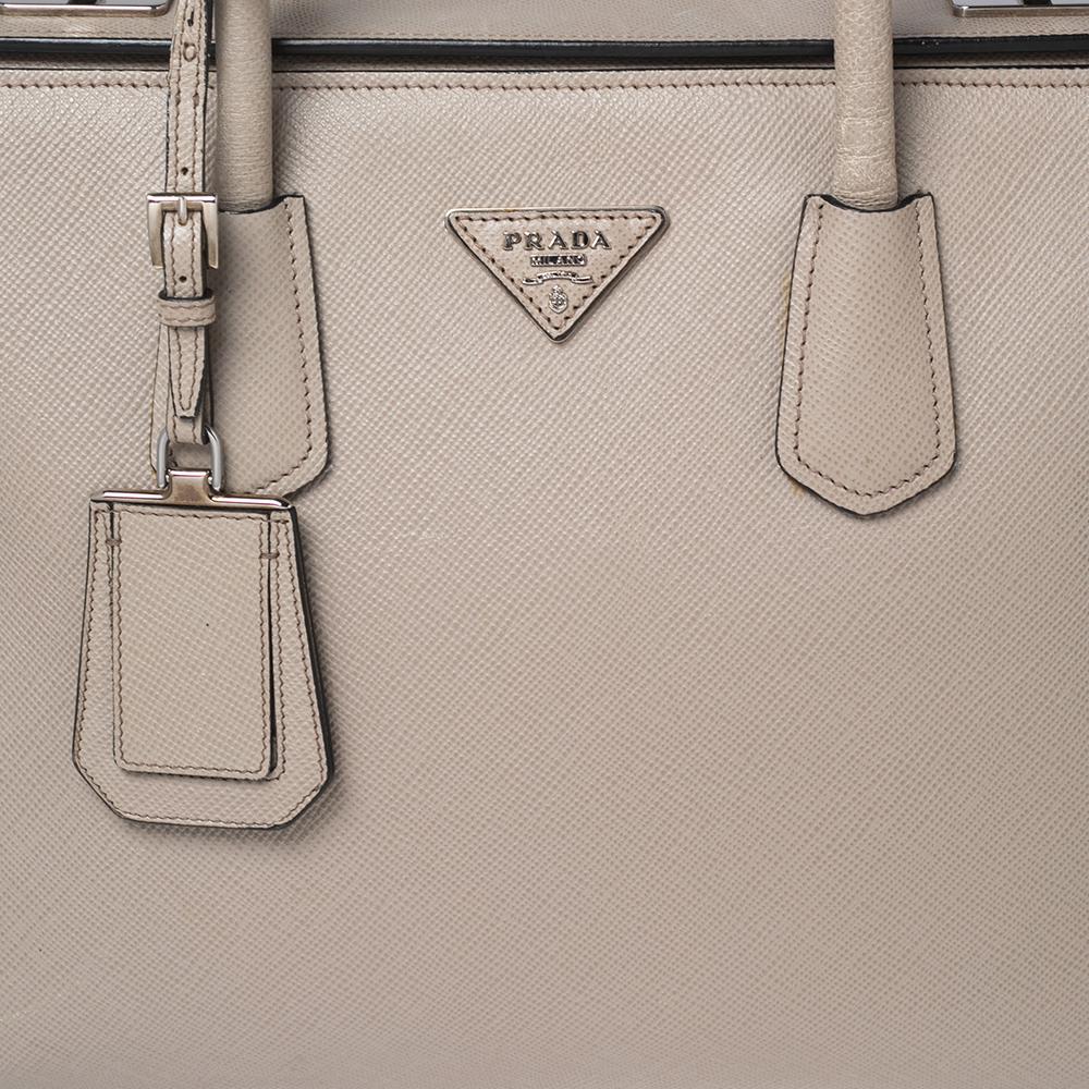 Prada Beige Saffiano Leather Medium Turnlock Twin Tote 1