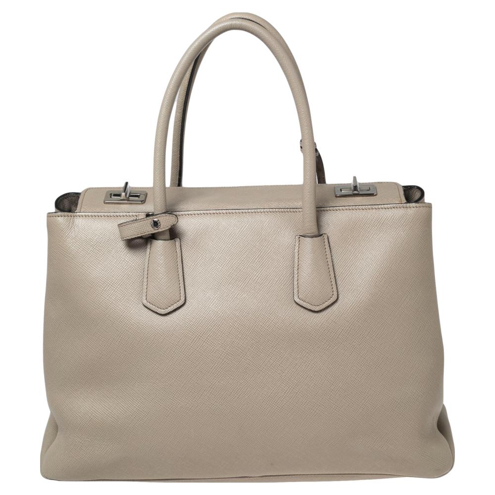 Prada Beige Saffiano Leather Medium Turnlock Twin Tote 5