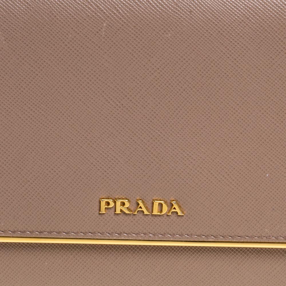 Prada Beige Saffiano Leather Metal Detail Clutch 4