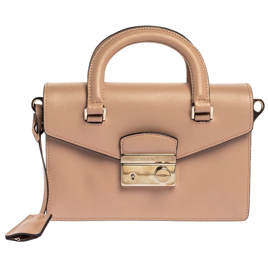 Prada Beige Saffiano Leder Mini Sound Cabrio Tasche