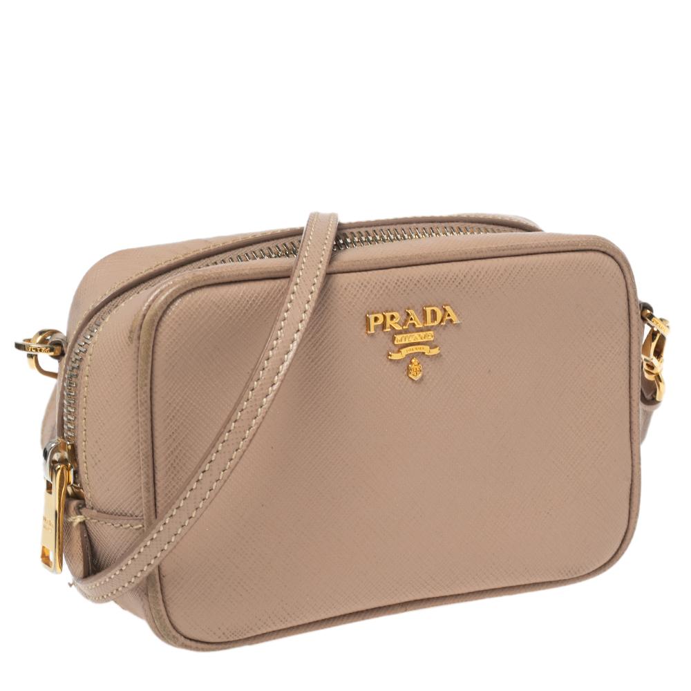Women's Prada Beige Saffiano Leather Mini Zip Top Camera Sling Bag