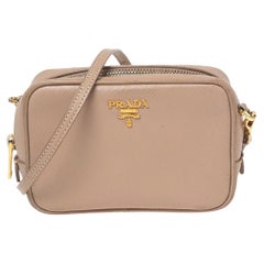 Prada Beige Saffiano Leather Mini Zip Top Camera Sling Bag