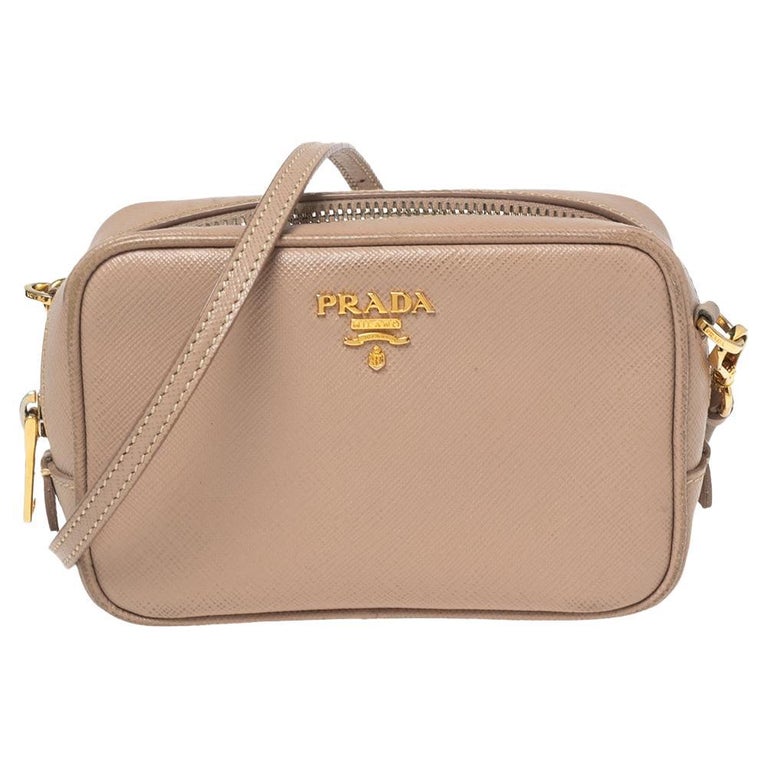 Prada Beige Saffiano Leather Mini Zip Top Camera Sling Bag at 1stDibs