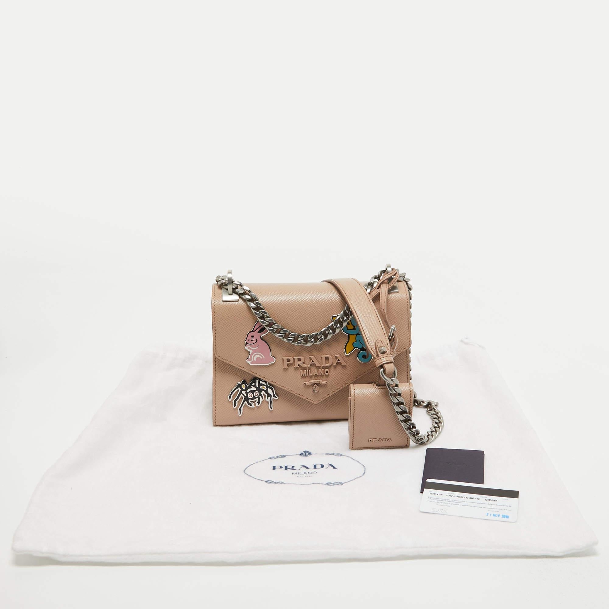 Prada Beige Saffiano Leather Small Monochrome Embellished Shoulder Bag In Good Condition In Dubai, Al Qouz 2