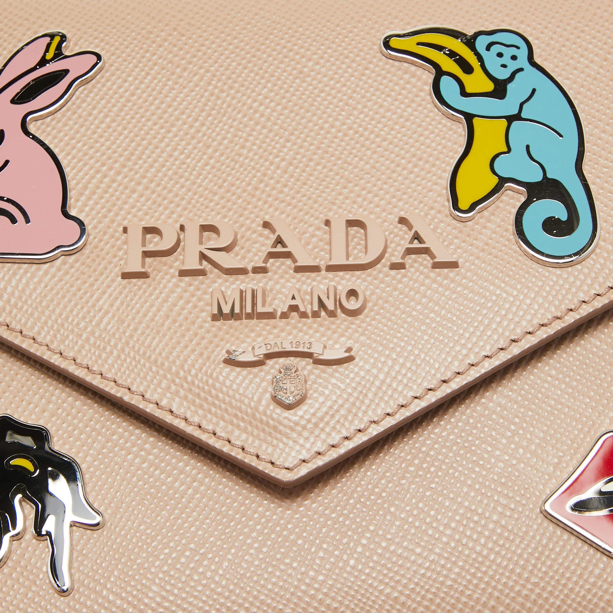 Prada Beige Saffiano Leather Small Monochrome Embellished Shoulder Bag 3