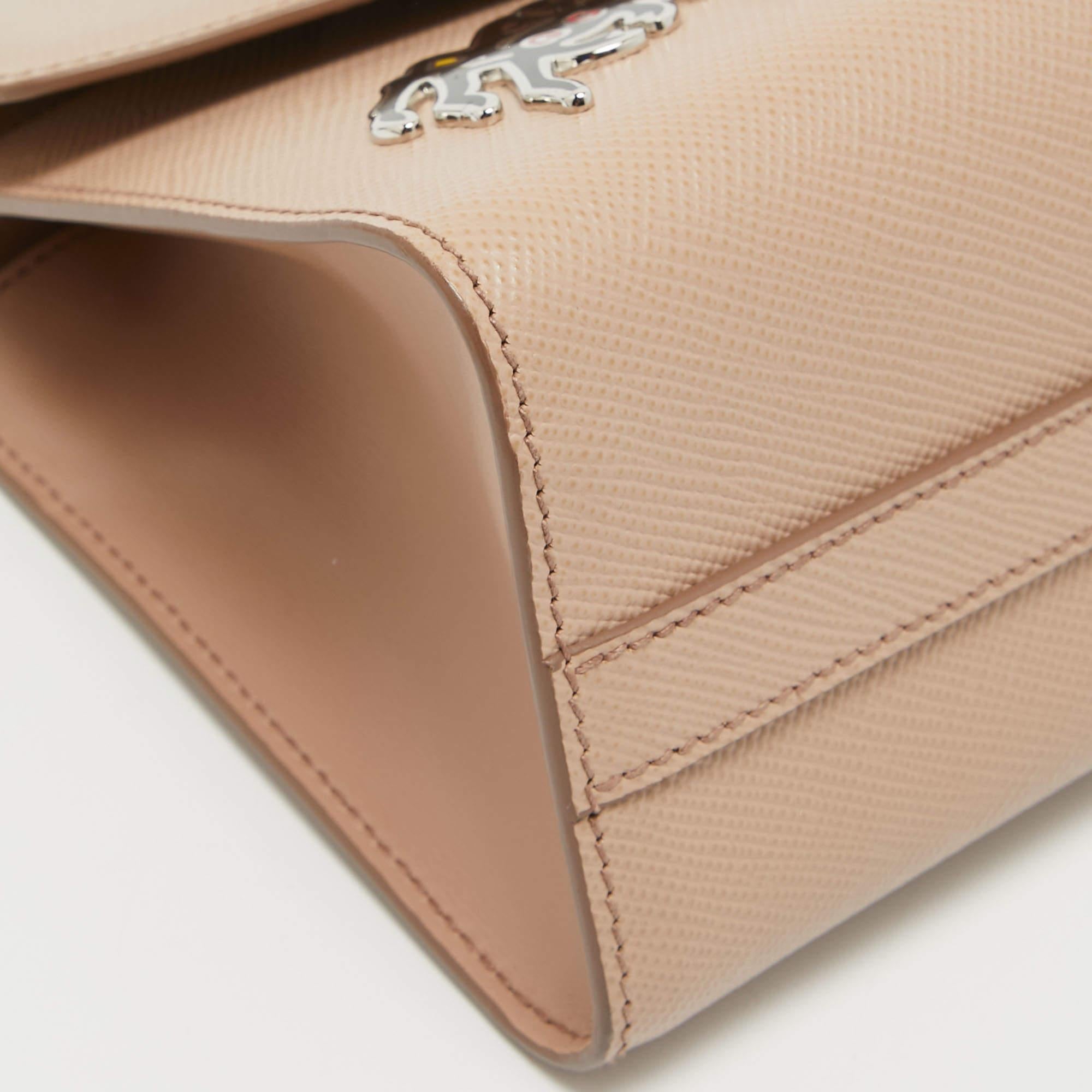 Prada Beige Saffiano Leather Small Monochrome Embellished Shoulder Bag 4