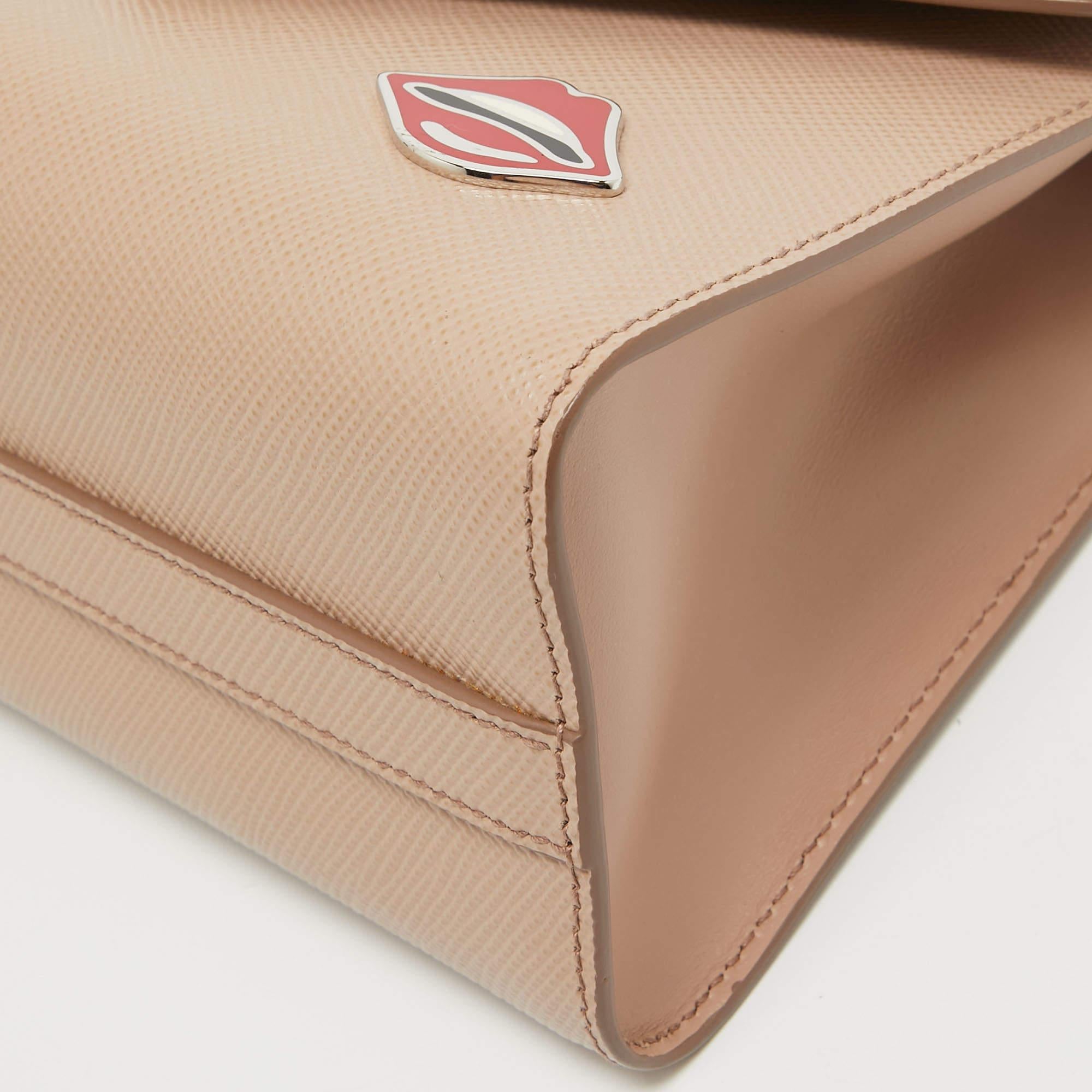 Prada Beige Saffiano Leather Small Monochrome Embellished Shoulder Bag 5