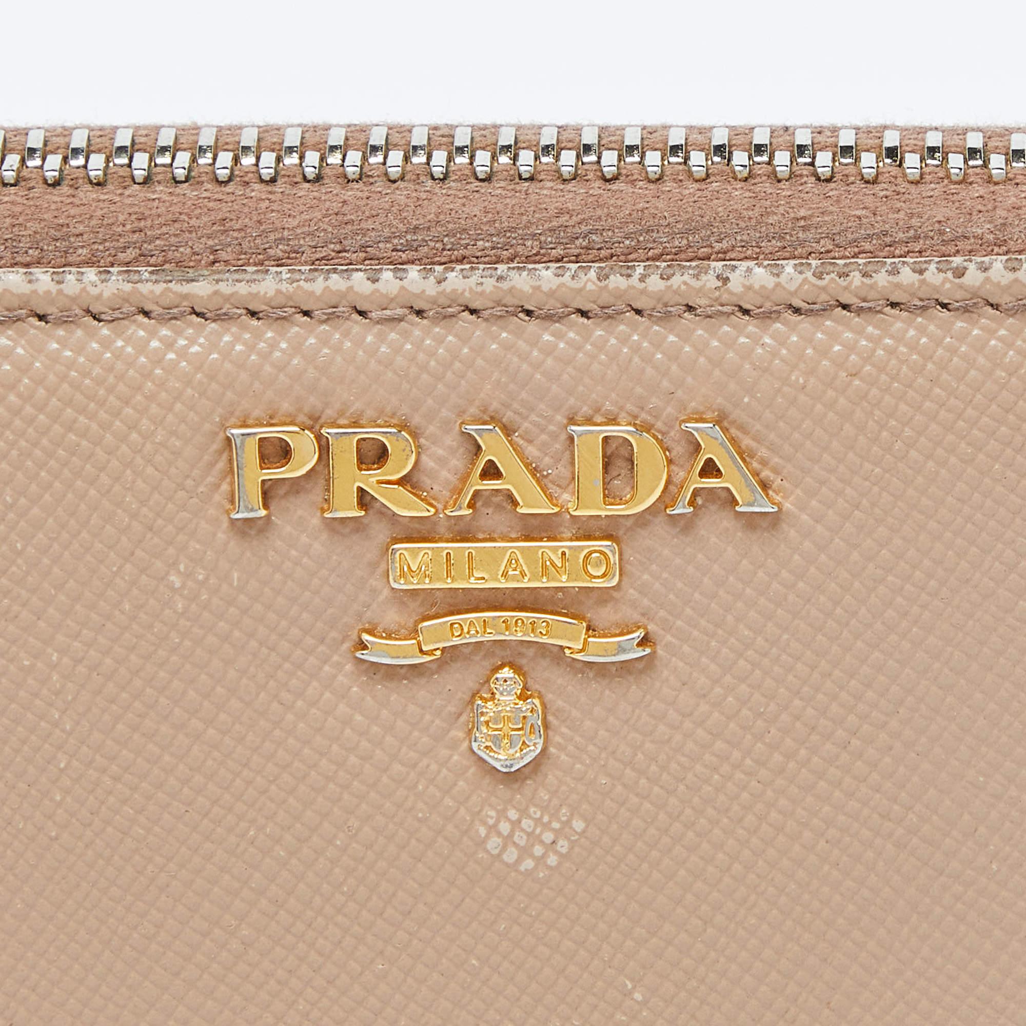 Prada Beige Saffiano Leather Zip Around Continental Wallet For Sale 1