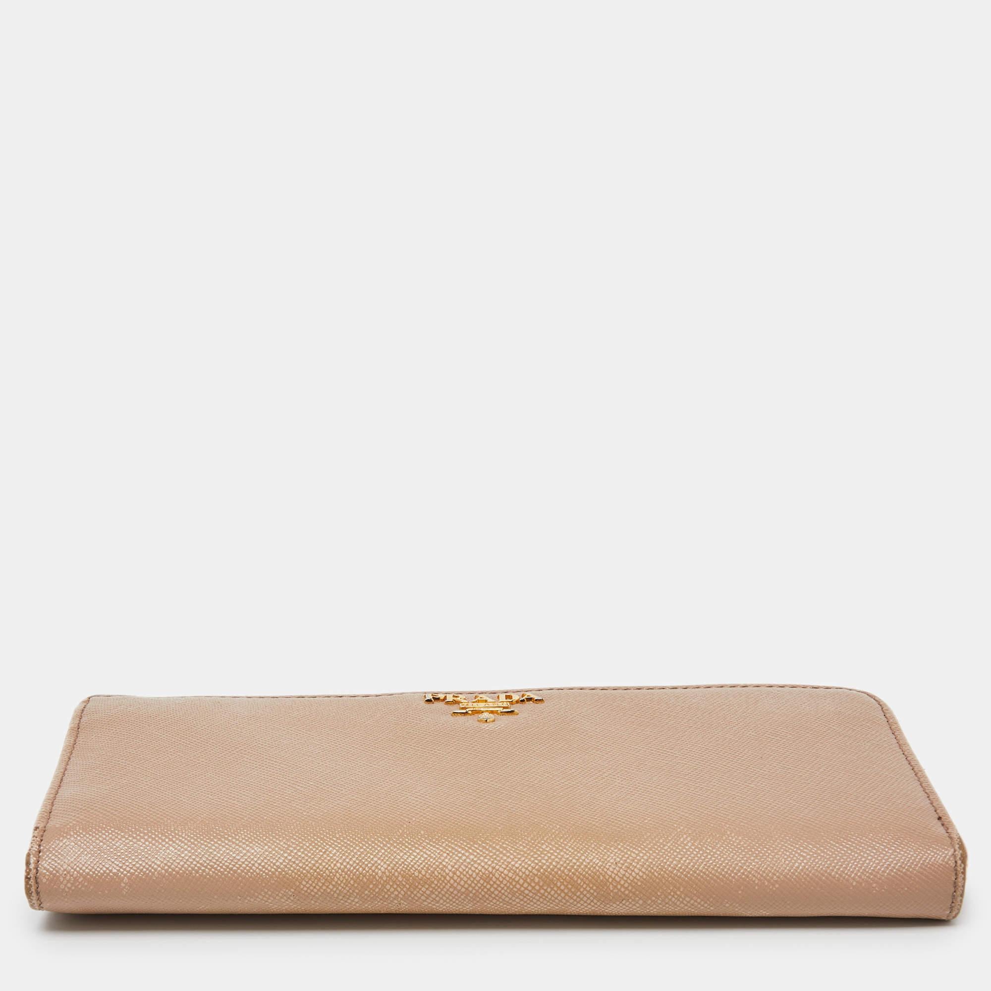 Prada Beige Saffiano Leather Zip Around Continental Wallet For Sale 2