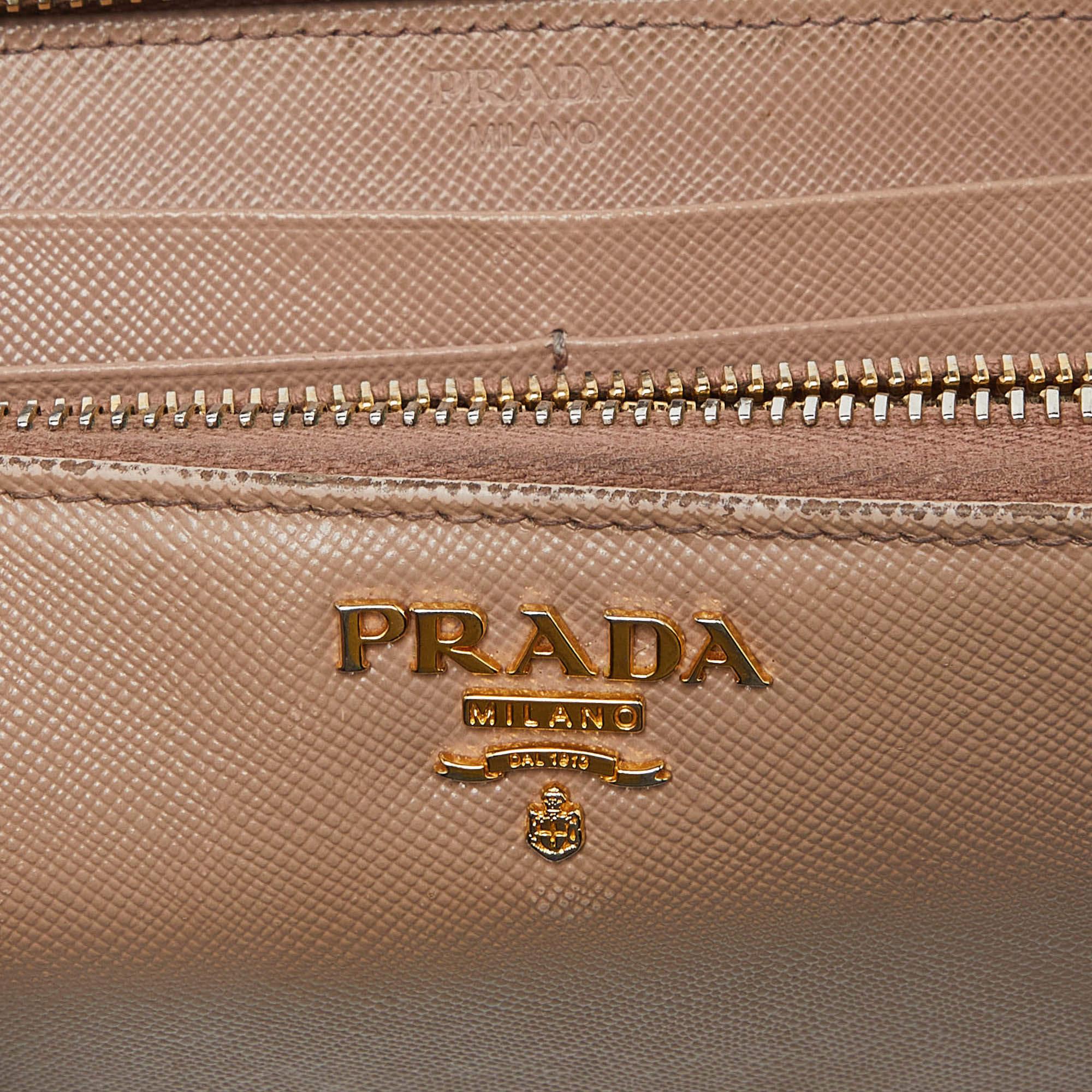 Prada Beige Saffiano Leather Zip Around Continental Wallet For Sale 3