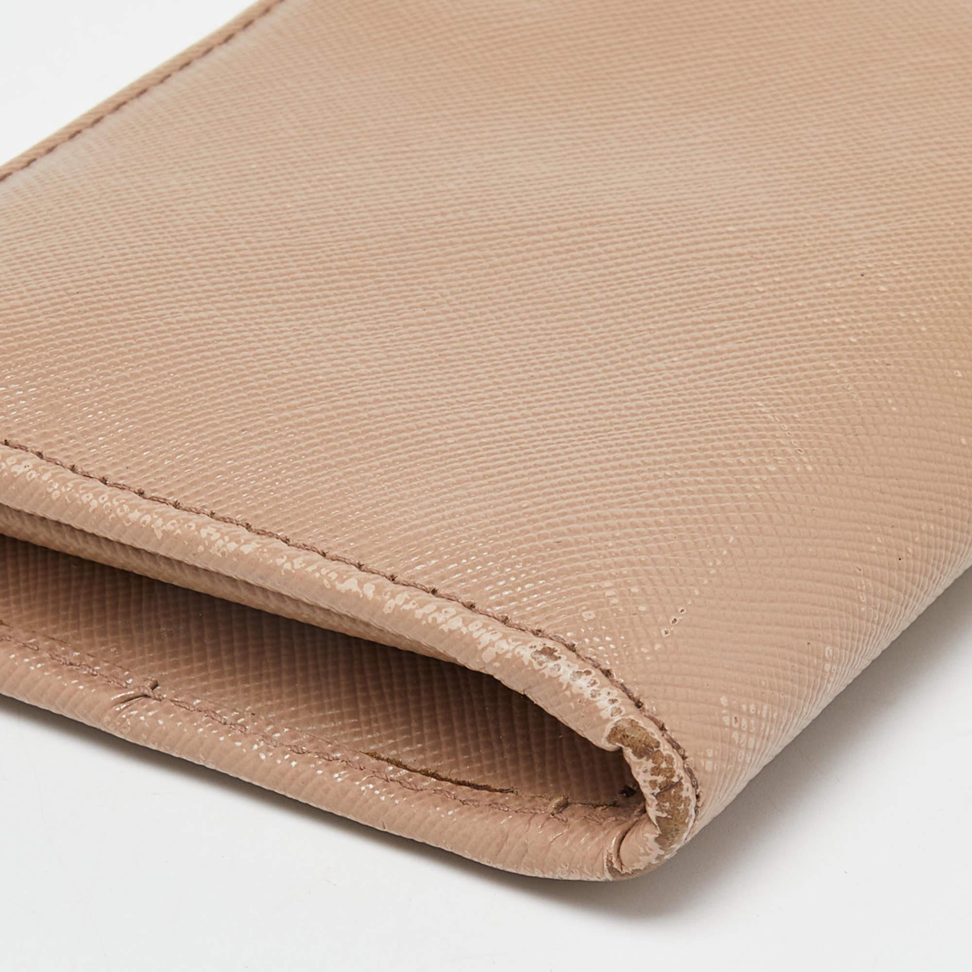 Prada Beige Saffiano Leather Zip Around Continental Wallet For Sale 4