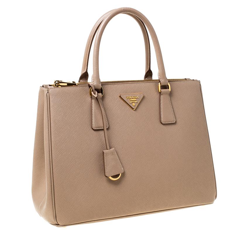 Women's Prada Beige Saffiano Lux Leather Double Zip Tote