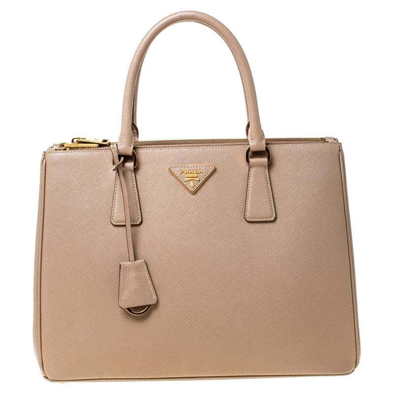 Prada Beige Saffiano Lux Leather Double Zip Tote For Sale at 1stDibs