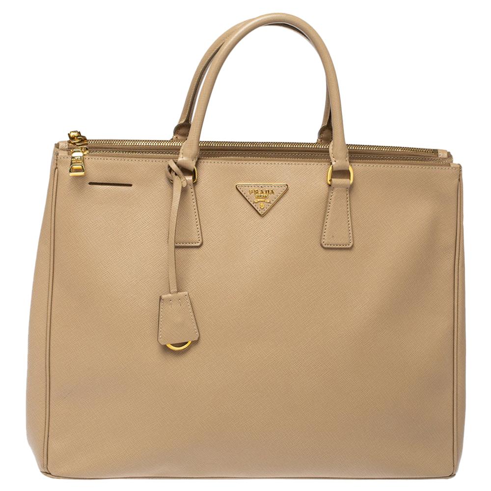 Prada Beige Saffiano Lux Leather Executive Double Zip Tote