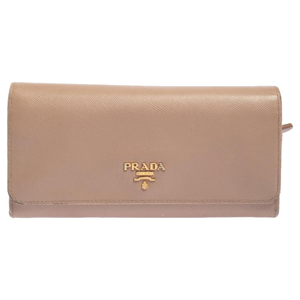 Prada Beige Saffiano Lux Leather Flap Continental Wallet For Sale
