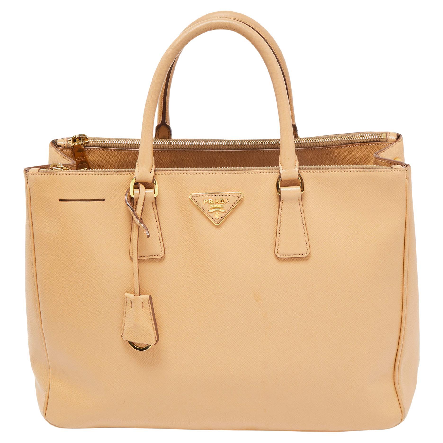 Prada Beige Saffiano Lux Leather Large Galleria Double Zip Tote