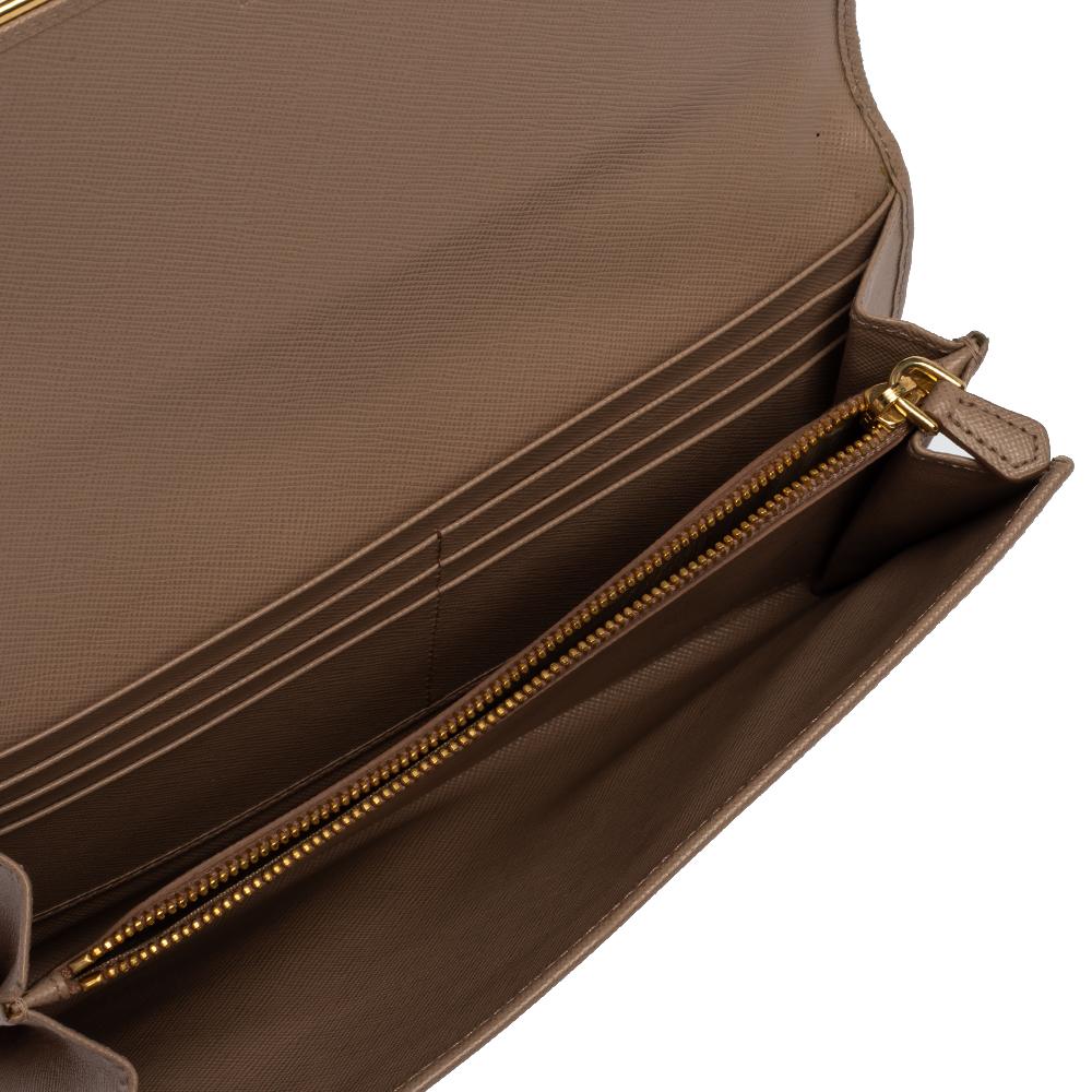 Prada Beige Saffiano Lux Leather Metal Bar Flap Continental Wallet 3