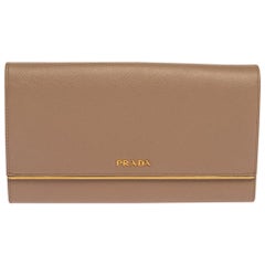 Prada Beige Saffiano Lux Leather Metal Bar Flap Continental Wallet