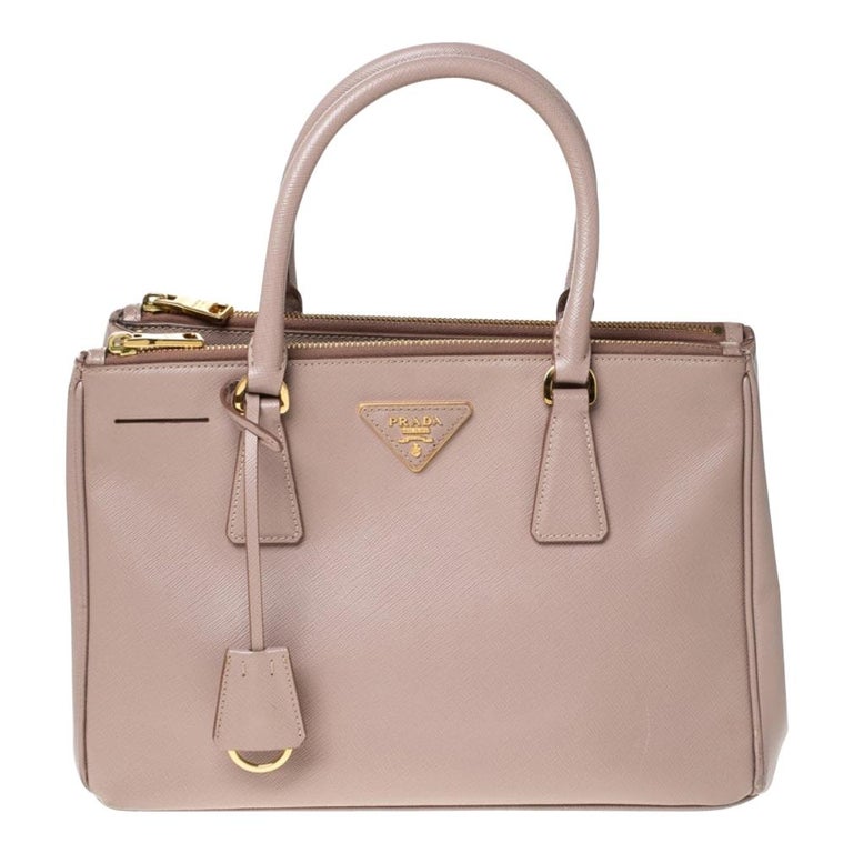 Prada Beige Saffiano Lux Leather Small Double Zip Tote For Sale
