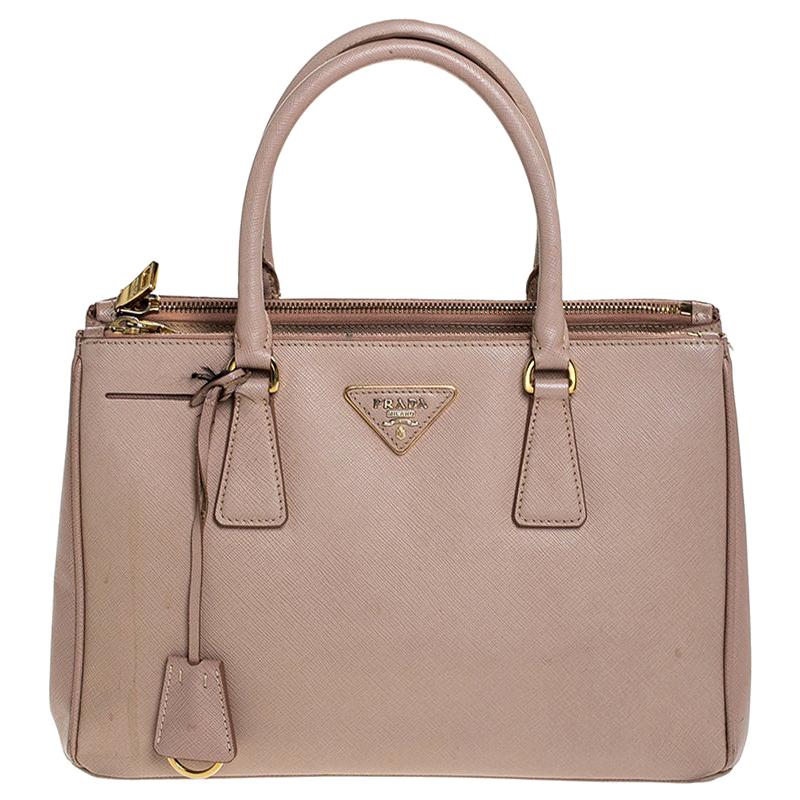 Prada Beige Saffiano Lux Leather Small Double Zip Tote