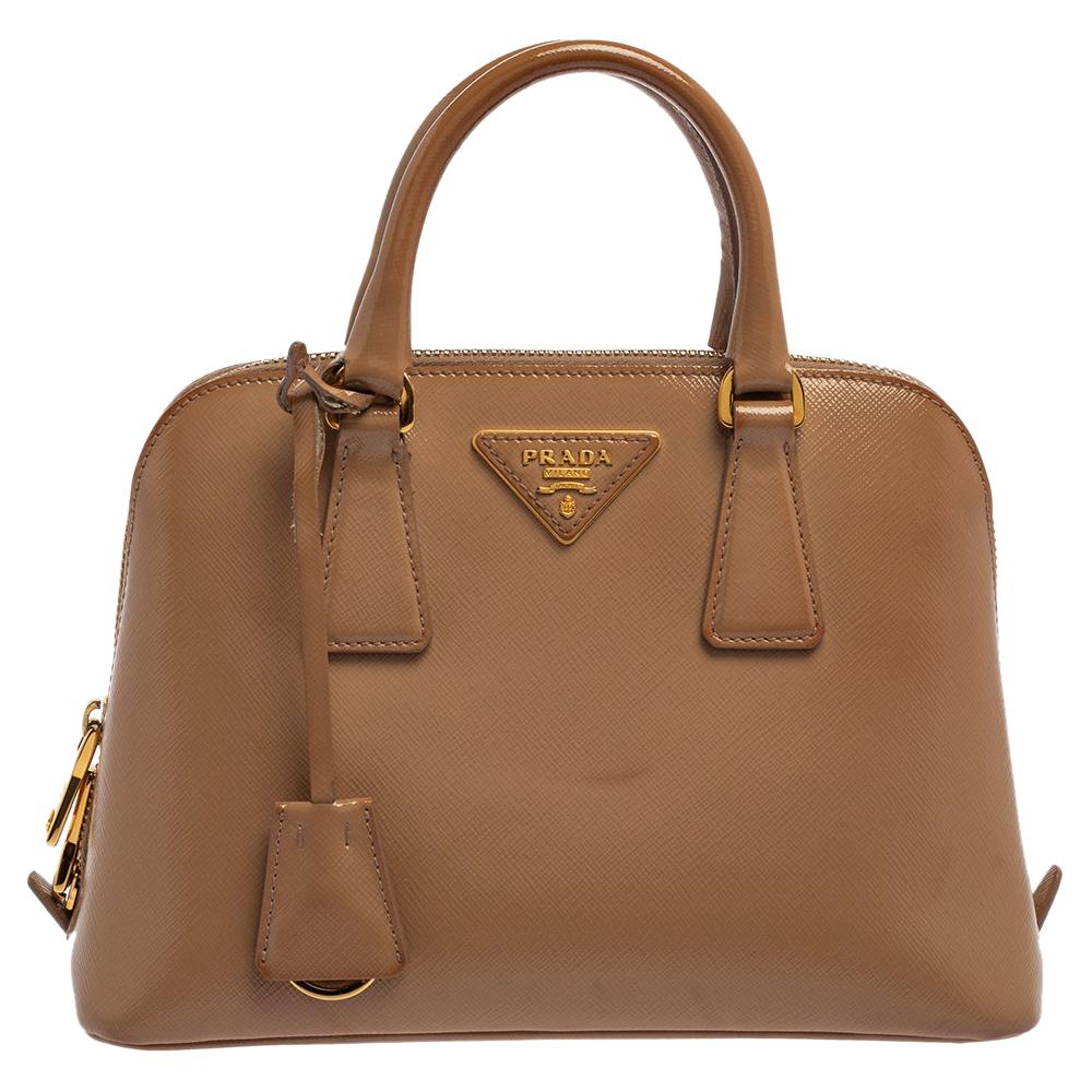 Prada Beige Saffiano Lux Patent Leather Small Promenade Bag