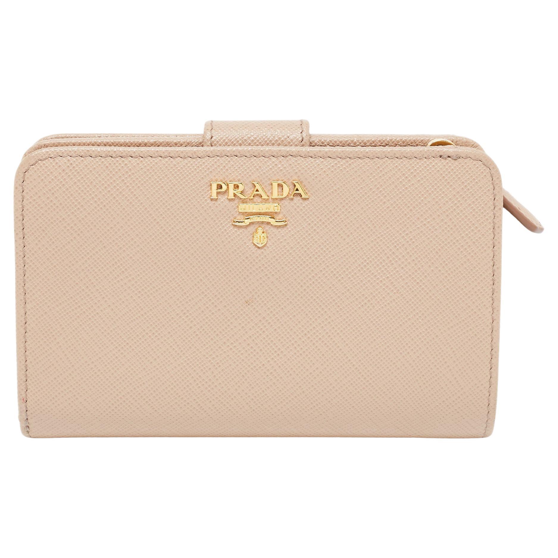Prada Beige Saffiano Metal Leather French Compact Wallet For Sale at 1stDibs