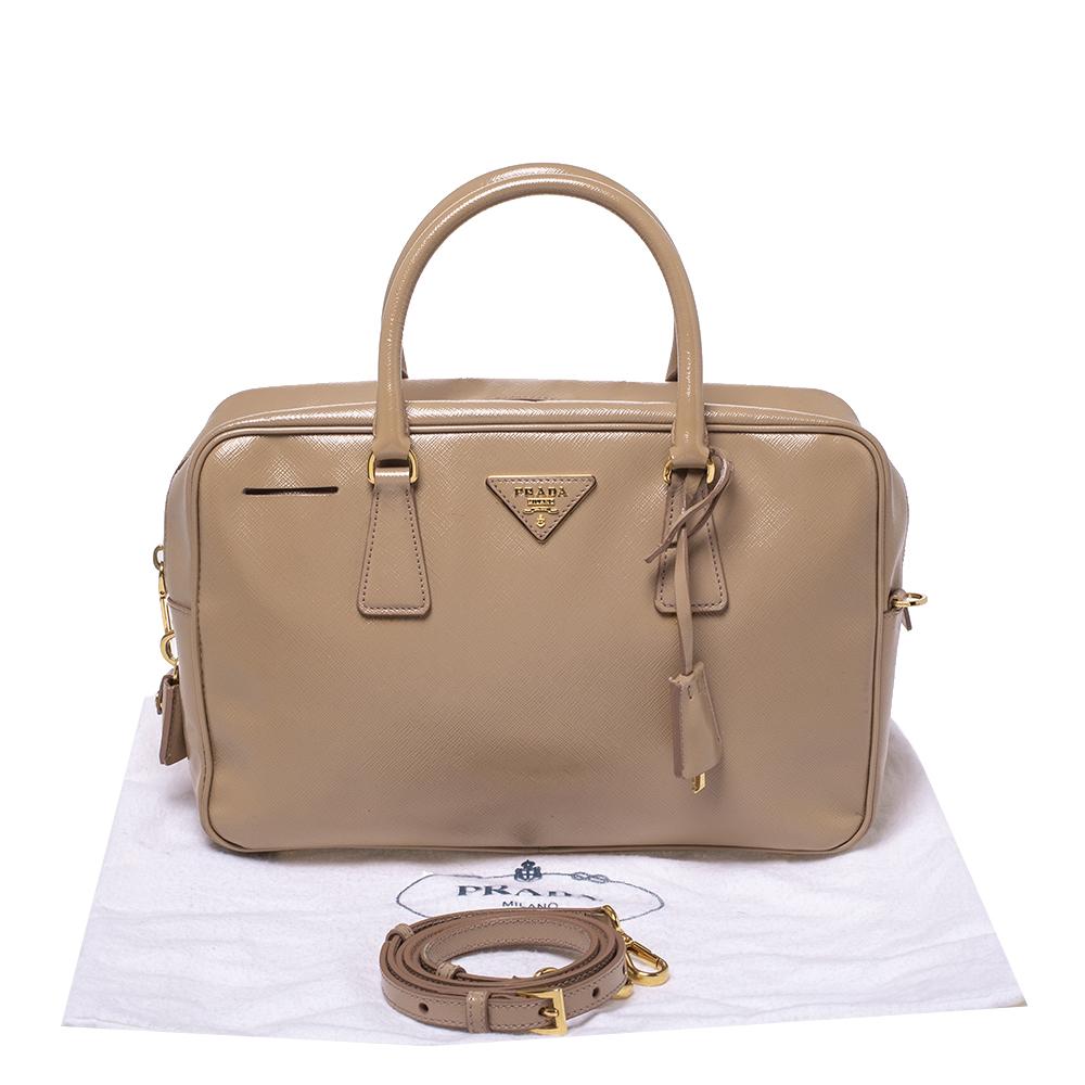 Prada Beige Saffiano Patent Leather Bauletto Bag 7