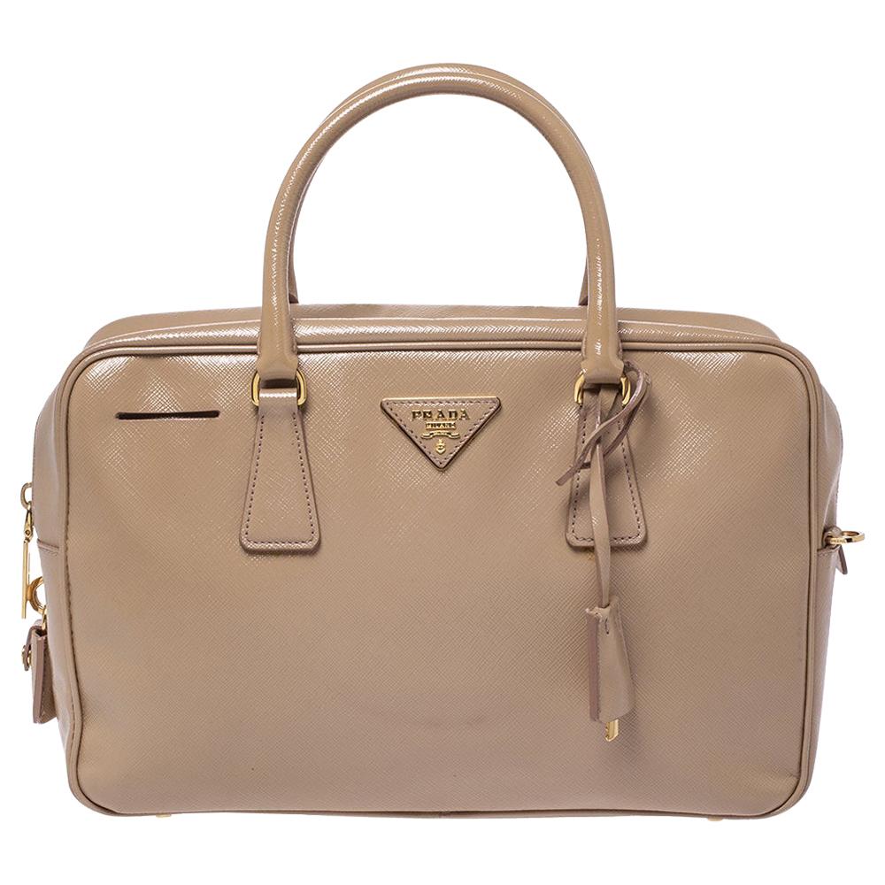 Prada Beige Saffiano Patent Leather Bauletto Bag