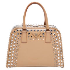 Prada Beige Saffiano Patent Leather Studded Pyramid Frame Satchel