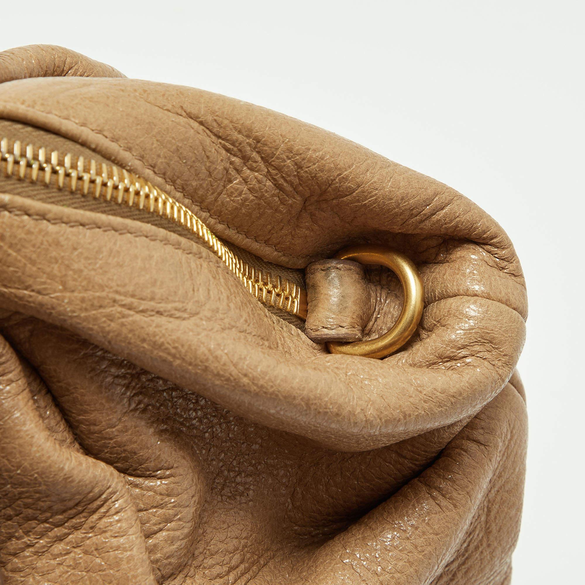Prada Beige Shine Leather Zip Hobo For Sale 6