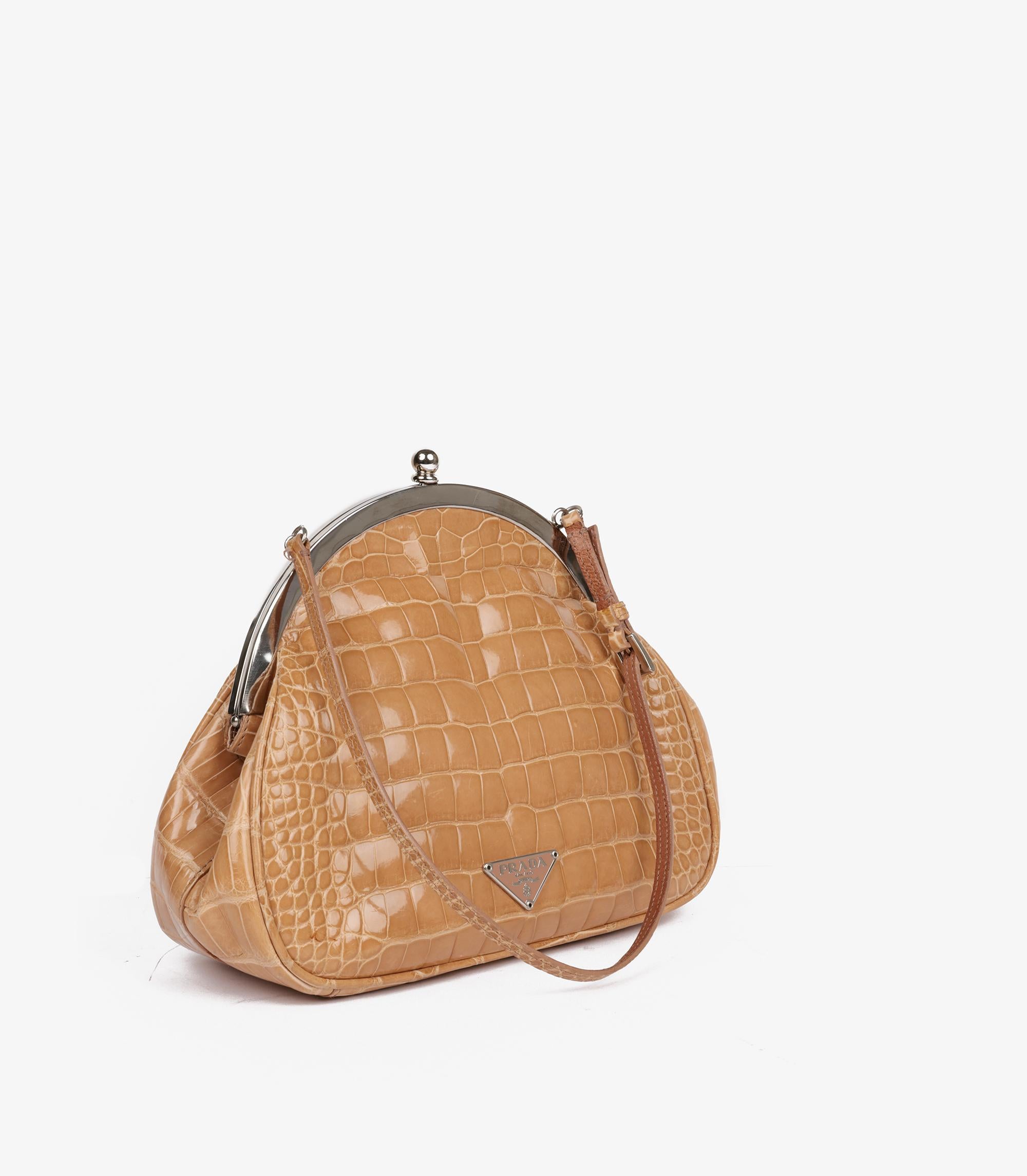 Orange Prada Beige Shiny Alligator Leather Vintage Mini Frame Top Handle