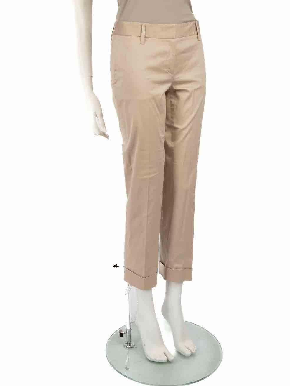 CONDITION is Very good. Hardly any visible wear to trouser is evident on this used Prada designer resale item.
 
 
 
 Details
 
 
 Beige
 
 Cotton
 
 Straight leg trousers
 
 Mid rise
 
 Cropped length
 
 Folded cuffs
 
 Front zip closure with clasp