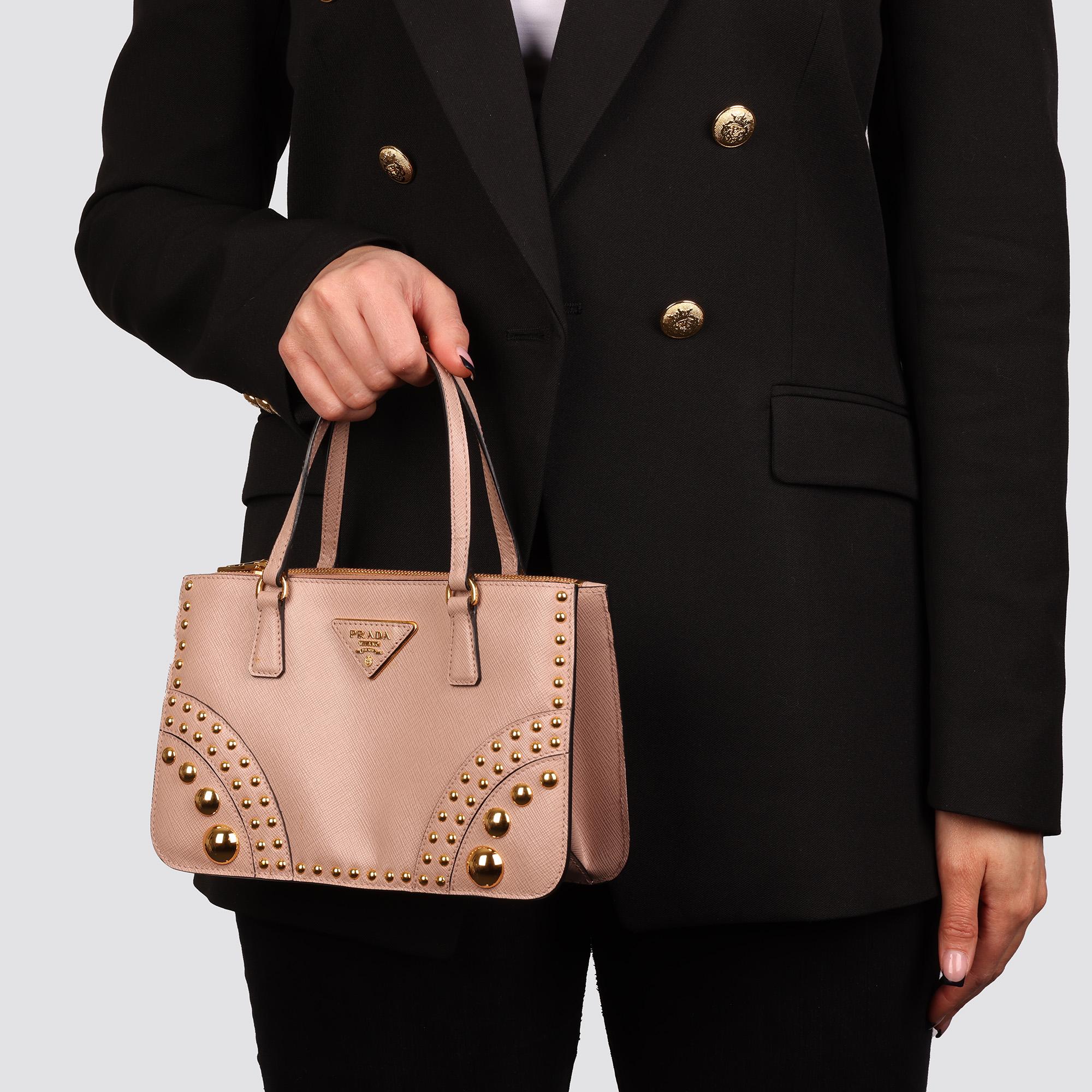 Prada BEIGE STUDDED SAFFIANO LEATHER DOUBLE ZIP TOTE For Sale 7
