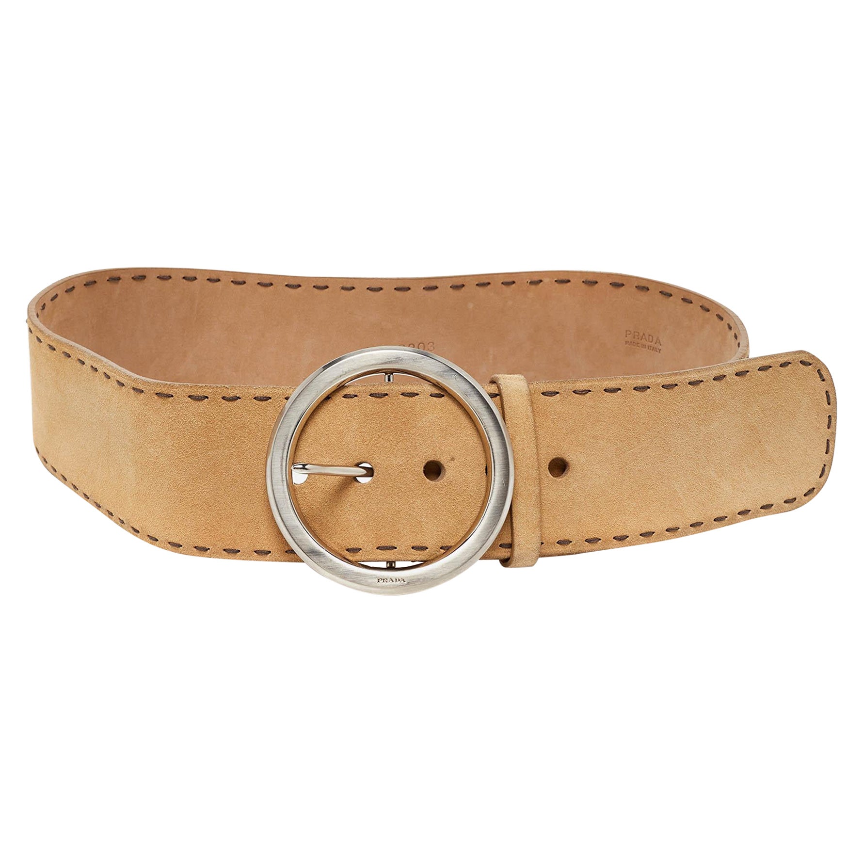 Prada Beige Suede Round Buckle Wide Belt 85CM