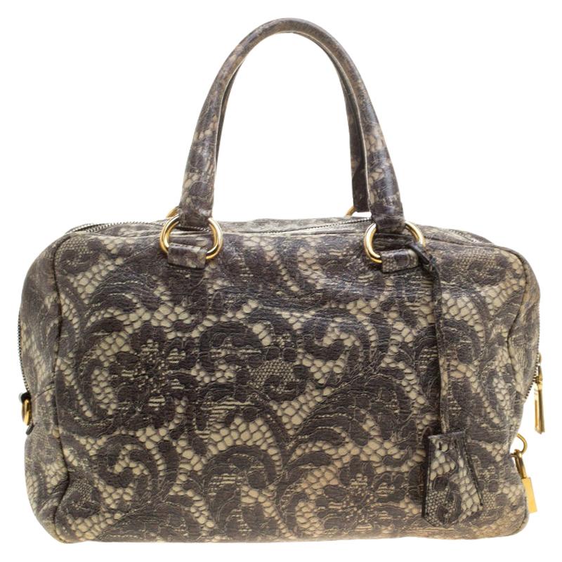 Prada Beige Talco Lace Print Cervo Leather Bowling Bag