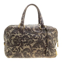 Prada Beige Talco Lace Print Cervo Leather Bowling Bag