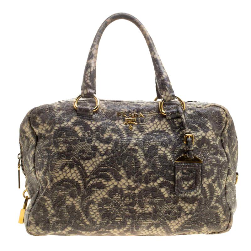 Prada Beige Talco Lace Print Cervo Leather Bowling Bag at 1stDibs